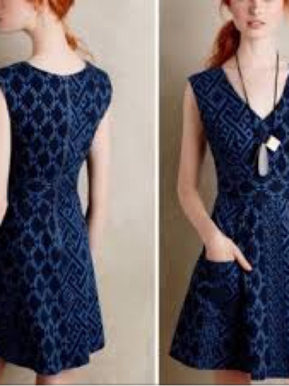 Tracy Reese Navy Blue Patterned Cap-Sleeve Mini Dress